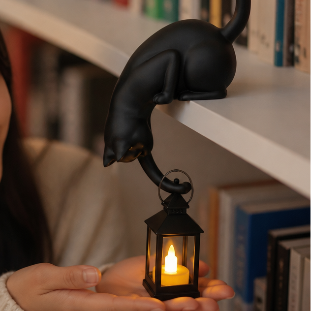 Lanterne LED en forme de chat à poser sur une étagère