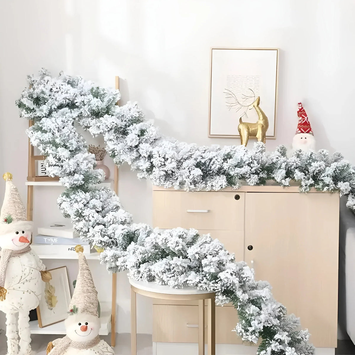 Snow-Flocked Artificial Christmas Garland for Stairs and Fireplace with Bendable Wire