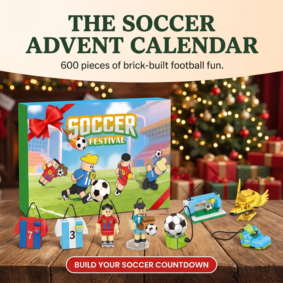 Soccer Building Block Advent Calendar, 600 Pieces, Players, Goal and Trophies to Hang