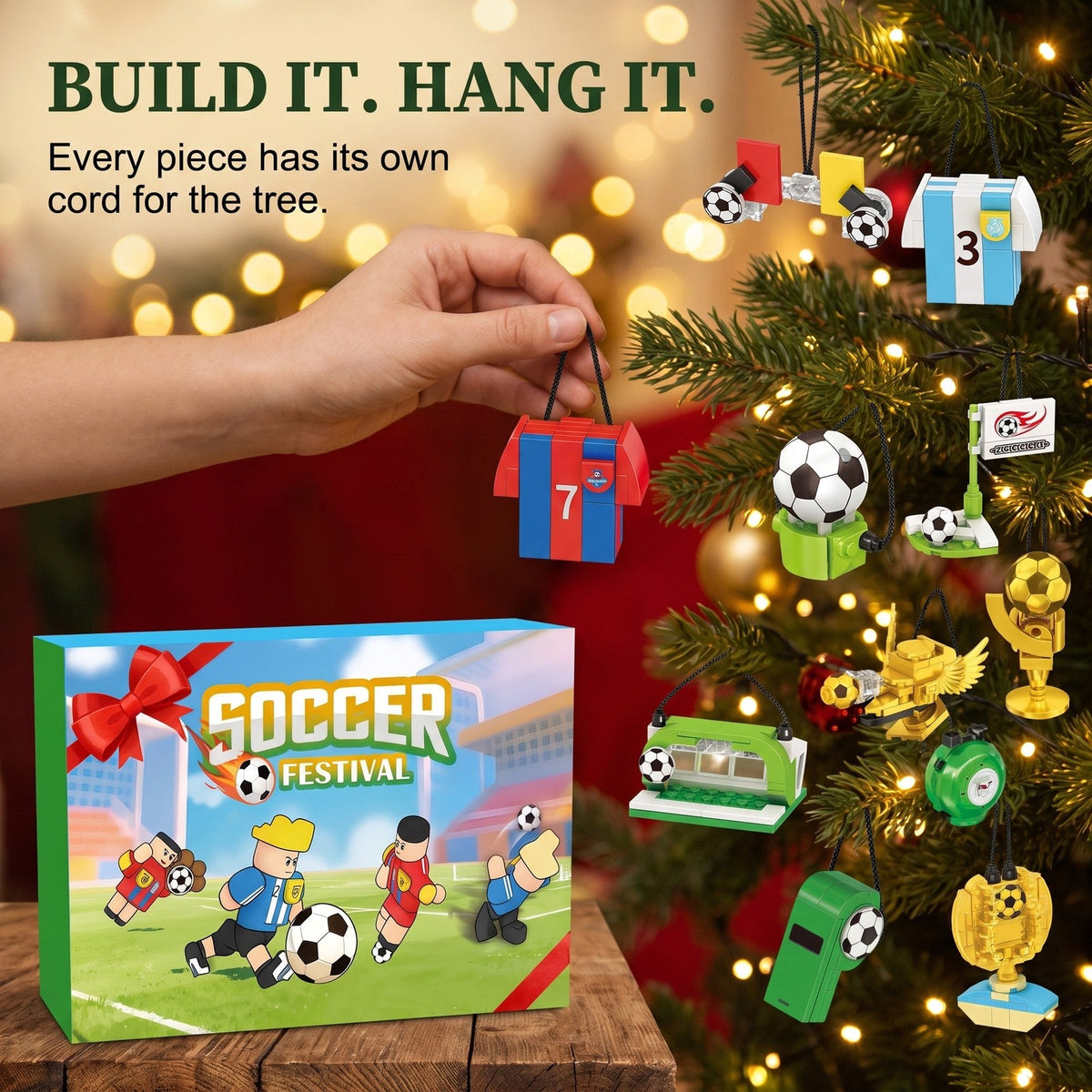 Soccer Building Block Advent Calendar, 600 Pieces, Players, Goal and Trophies to Hang