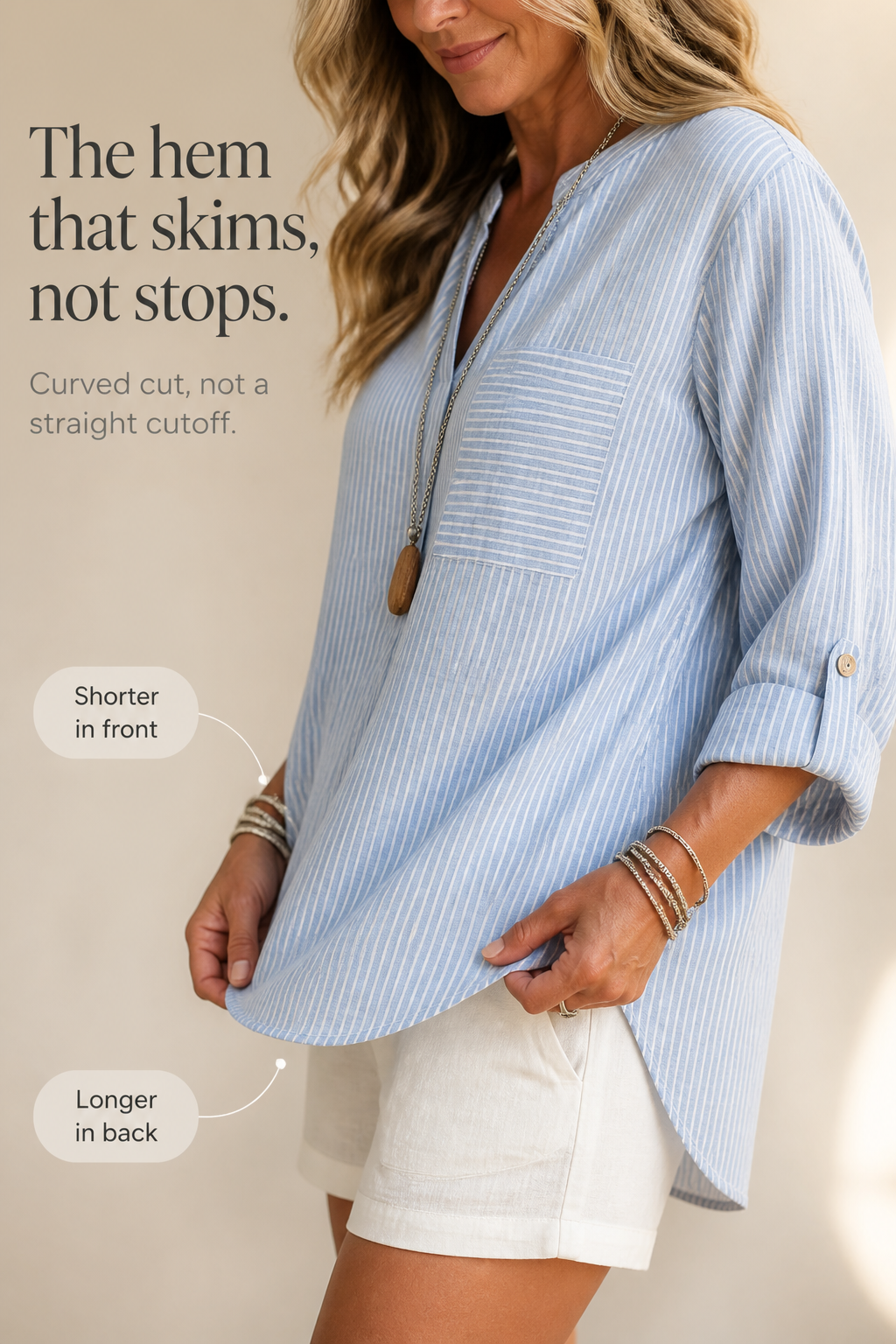 Striped V-Neck Roll-Sleeve Asymmetric Hem Top