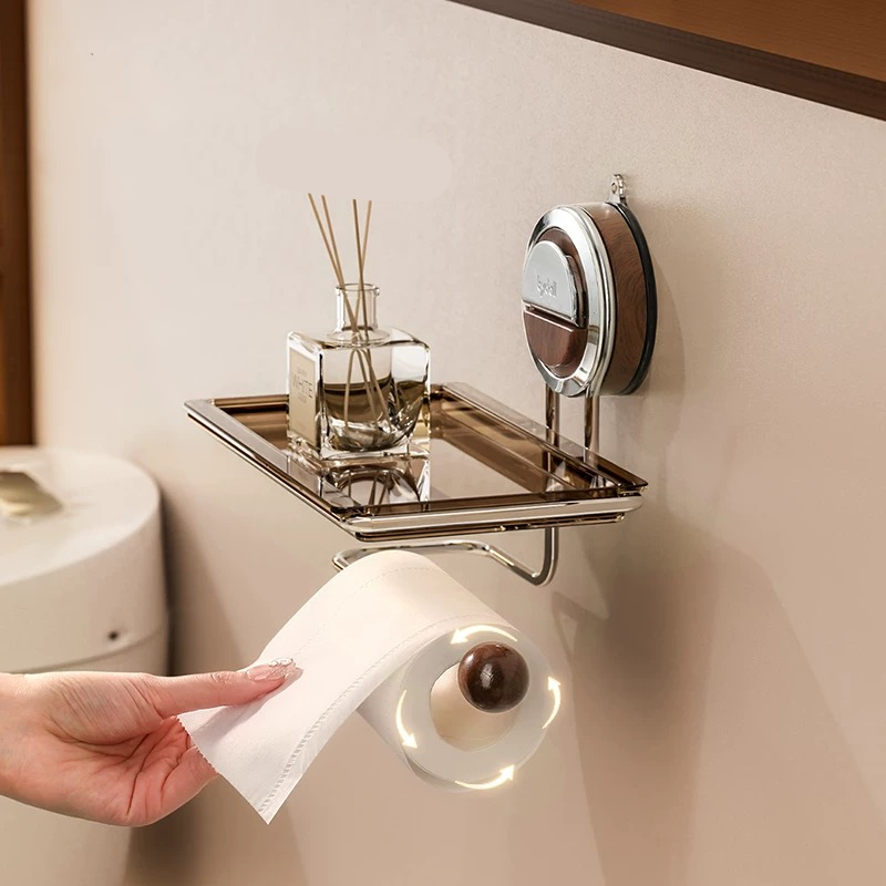 Suction Cup Toilet Paper Holder with Wood Grain Design – Drill-Free Stainless Steel, Easy Installation on Smooth Surfaces