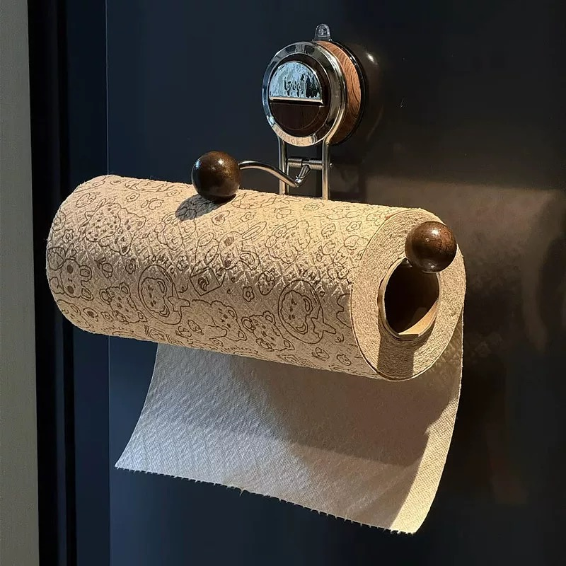 Suction Cup Toilet Paper Holder with Wood Grain Design – Drill-Free Stainless Steel, Easy Installation on Smooth Surfaces