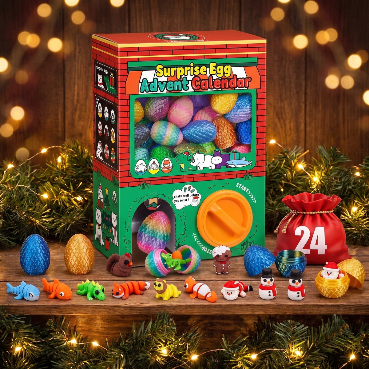 Gumball Machine Surprise Egg Advent Calendar, 24 Eggs with 3D Printed Flexible Figures