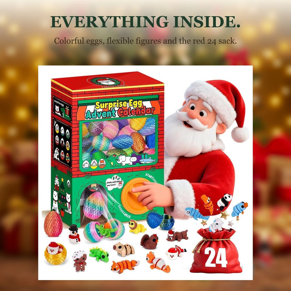 Gumball Machine Surprise Egg Advent Calendar, 24 Eggs with 3D Printed Flexible Figures
