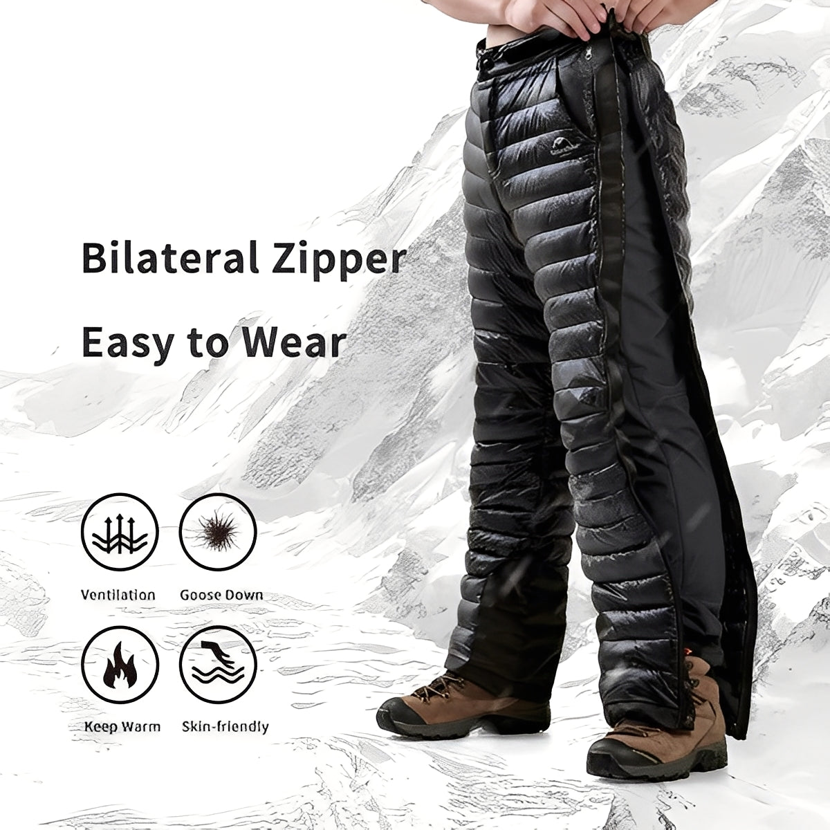 Pantalon thermique d’extérieur de randonnée et de ski en duvet d’oie avec fermeture à glissière