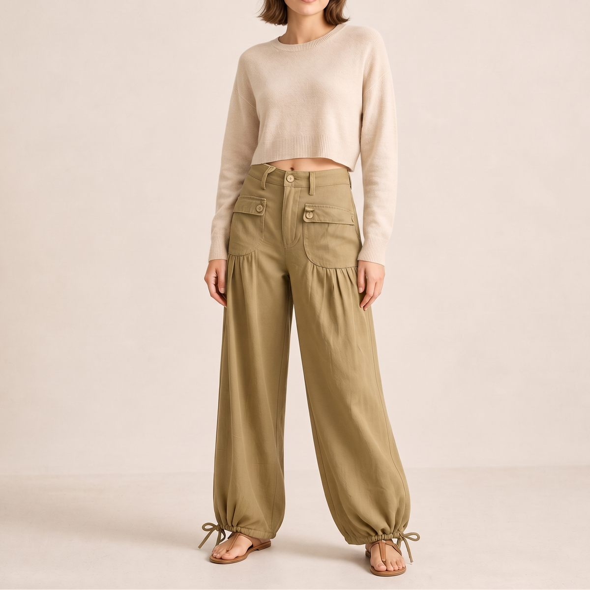 Tie-Hem Curved Barrel-Leg Jeans