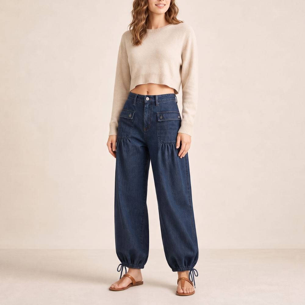 Tie-Hem Curved Barrel-Leg Jeans
