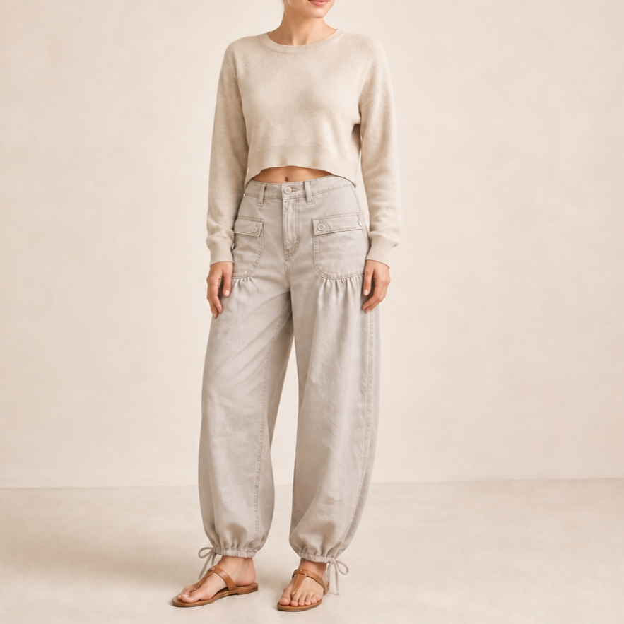 Tie-Hem Curved Barrel-Leg Jeans