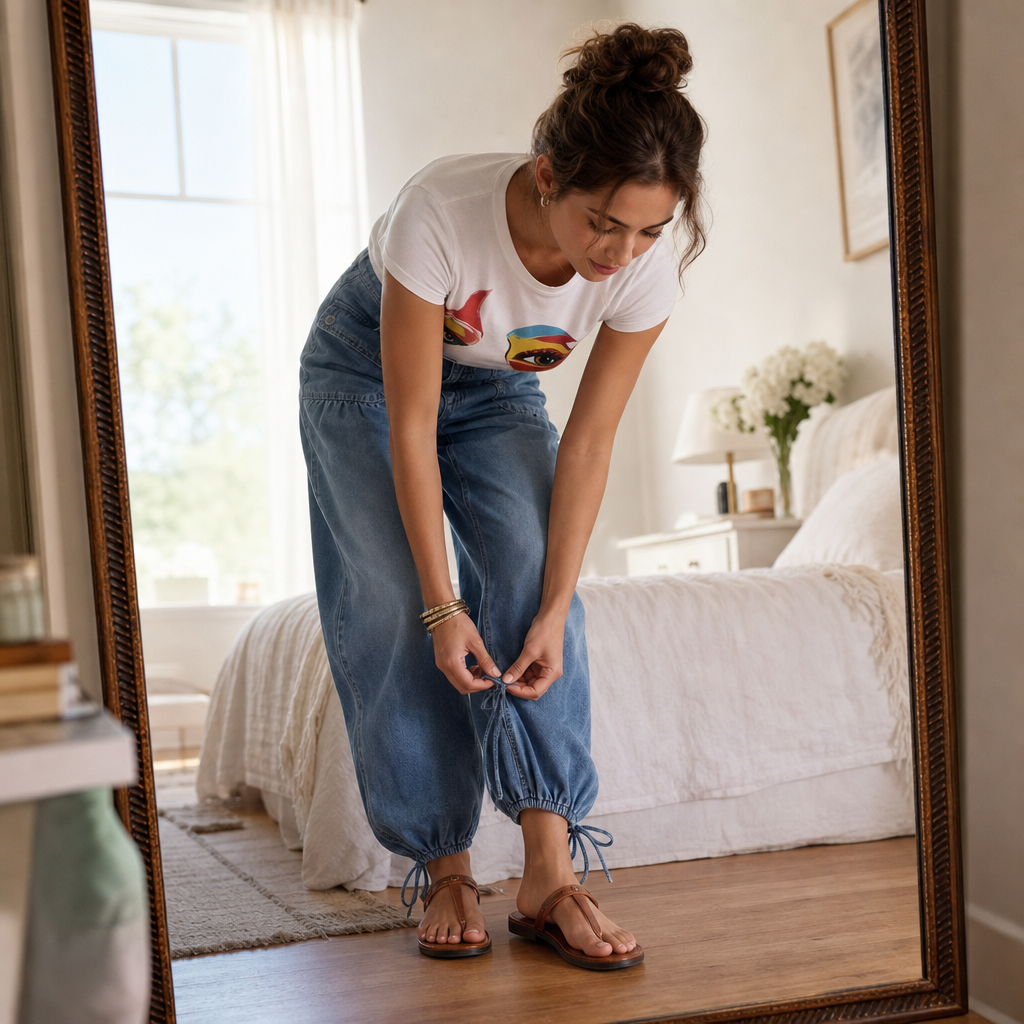 Tie-Hem Curved Barrel-Leg Jeans