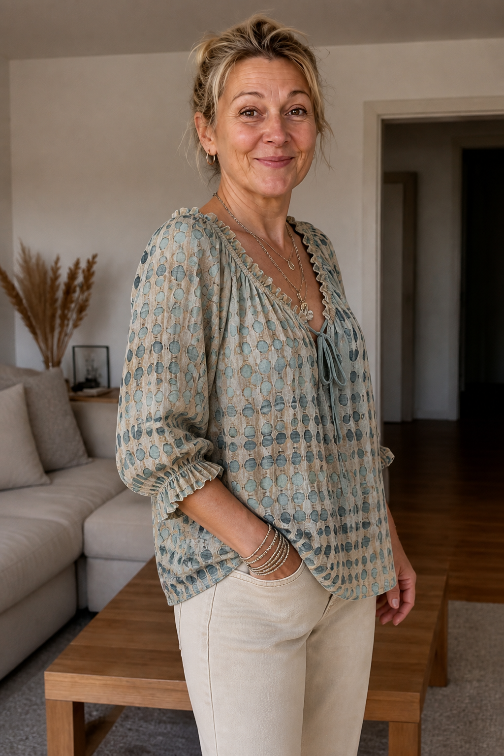 Tie-Neck Ruffled Boho Print Blouse