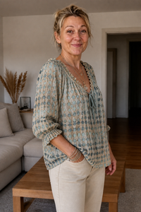 Tie-Neck Ruffled Boho Print Blouse