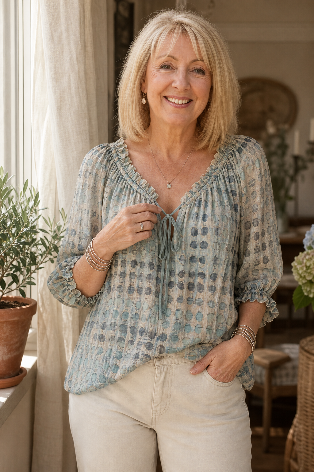 Tie-Neck Ruffled Boho Print Blouse