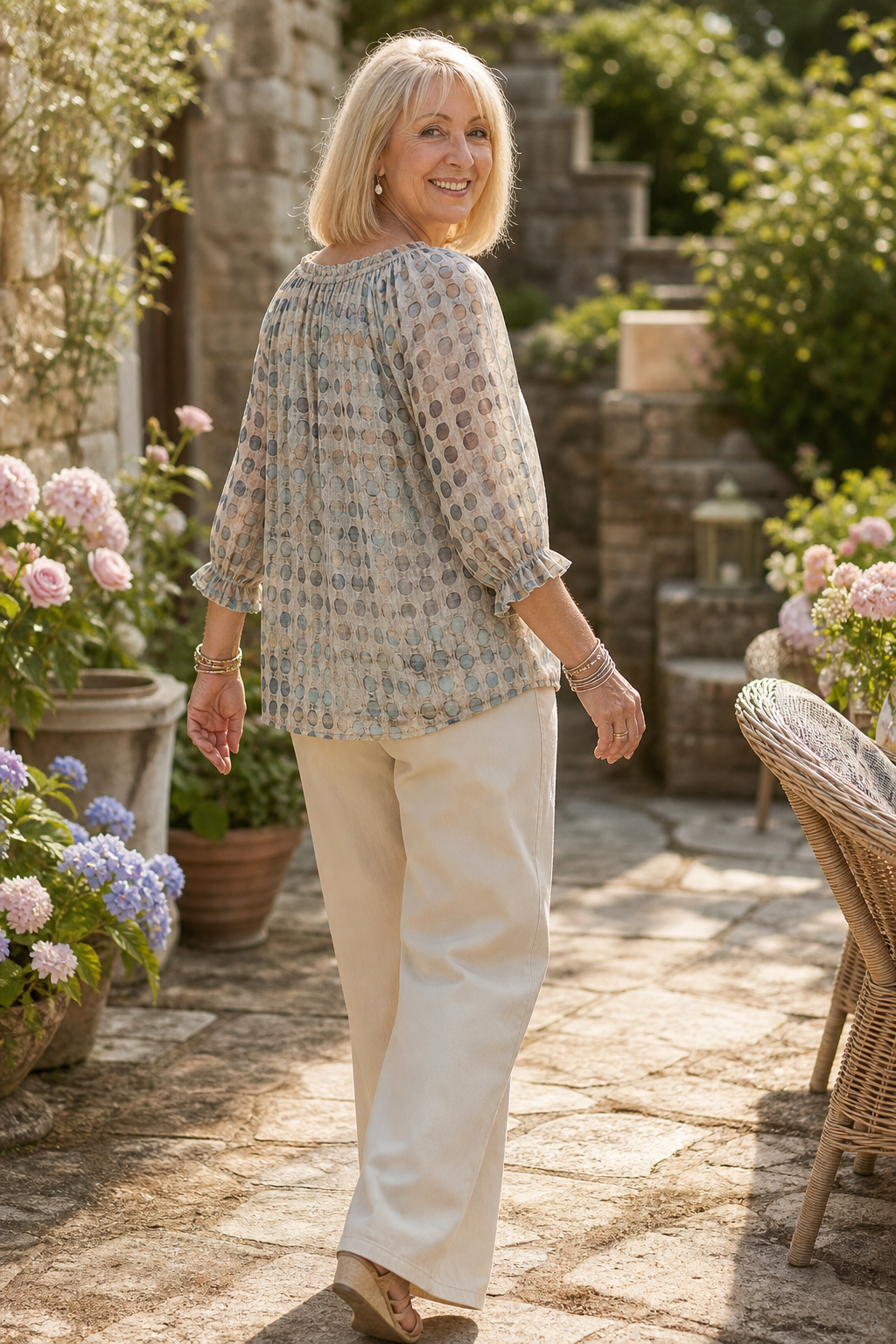 Tie-Neck Ruffled Boho Print Blouse