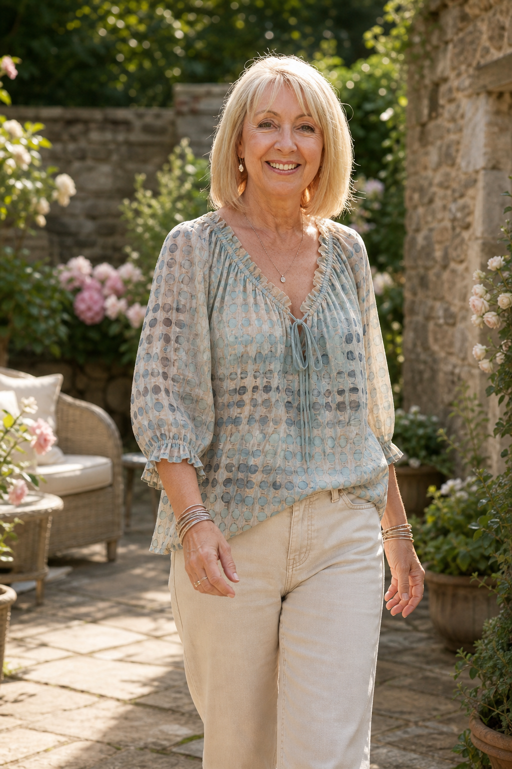 Tie-Neck Ruffled Boho Print Blouse