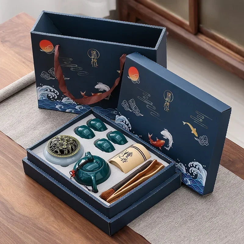 Traditional Ceramic Tea Set with Teapot, Cups, and Incense Burner for Calming Tea Moments