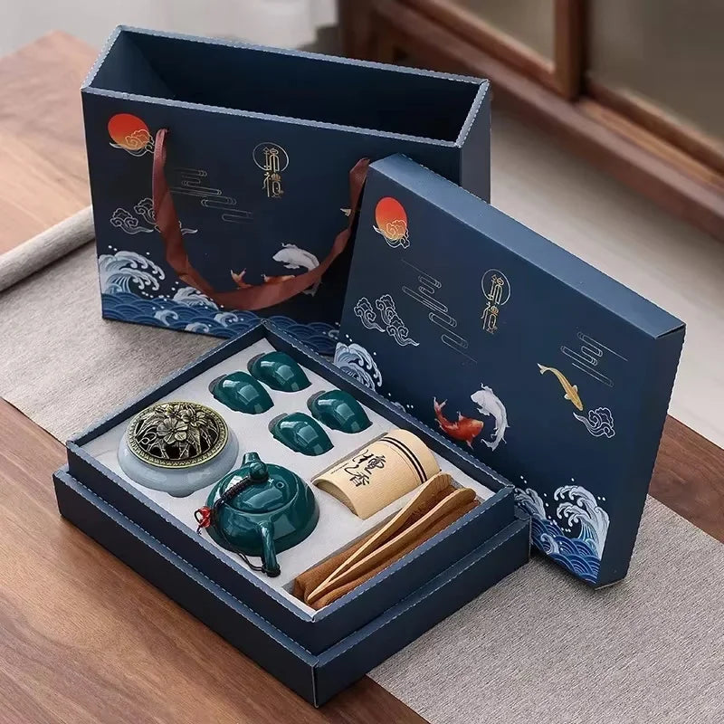 Traditional Ceramic Tea Set with Teapot, Cups, and Incense Burner for Calming Tea Moments