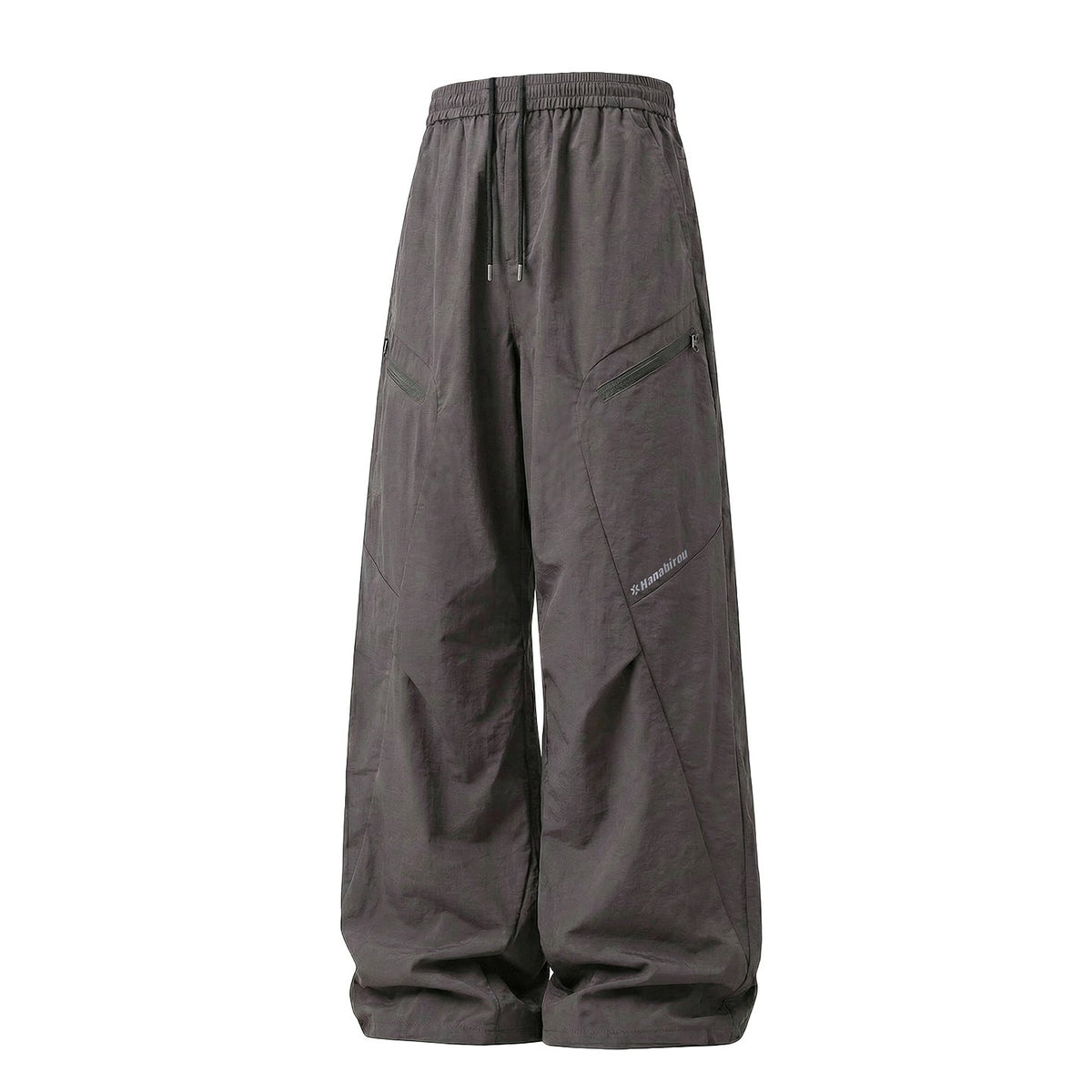 Unisex Wide-Leg Technical Cargo Pants with Drawstring Waist and Zipper Pockets