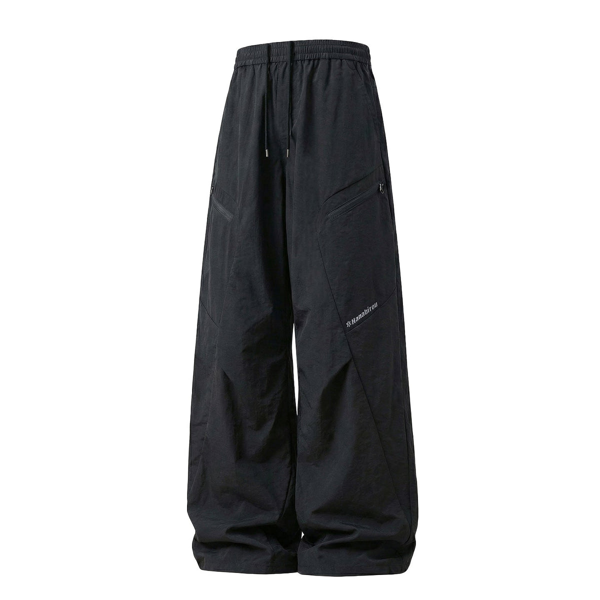Unisex Wide-Leg Technical Cargo Pants with Drawstring Waist and Zipper Pockets