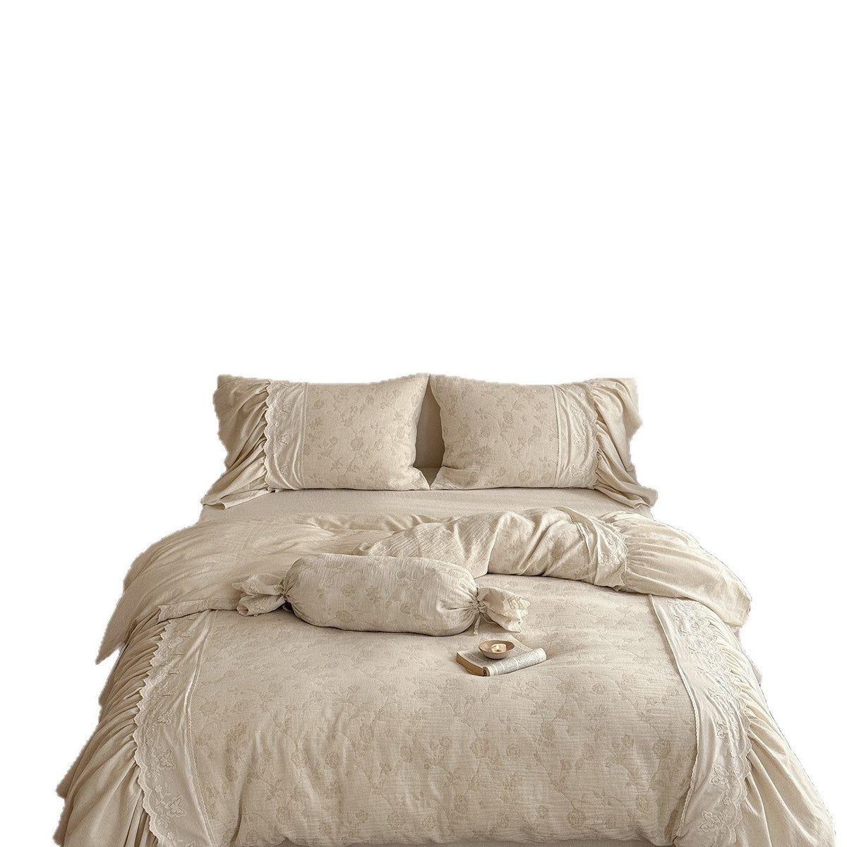 Parure de lit en coton et lin lavés avec bordure à volants, broderie florale ton sur ton et couette légère