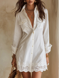 White Bohemian Eyelet Hem Resort Shirt Mini Dress