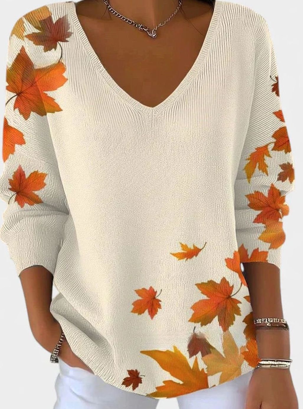 Women's Autumn Maple Leaf Print V-Neck Long Sleeve Sweater