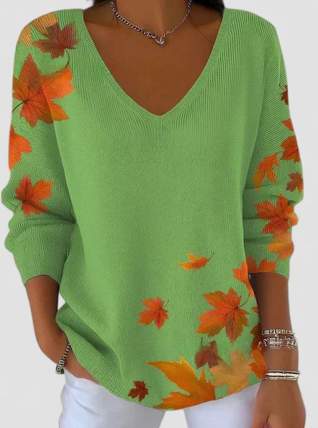 Women's Autumn Maple Leaf Print V-Neck Long Sleeve Sweater