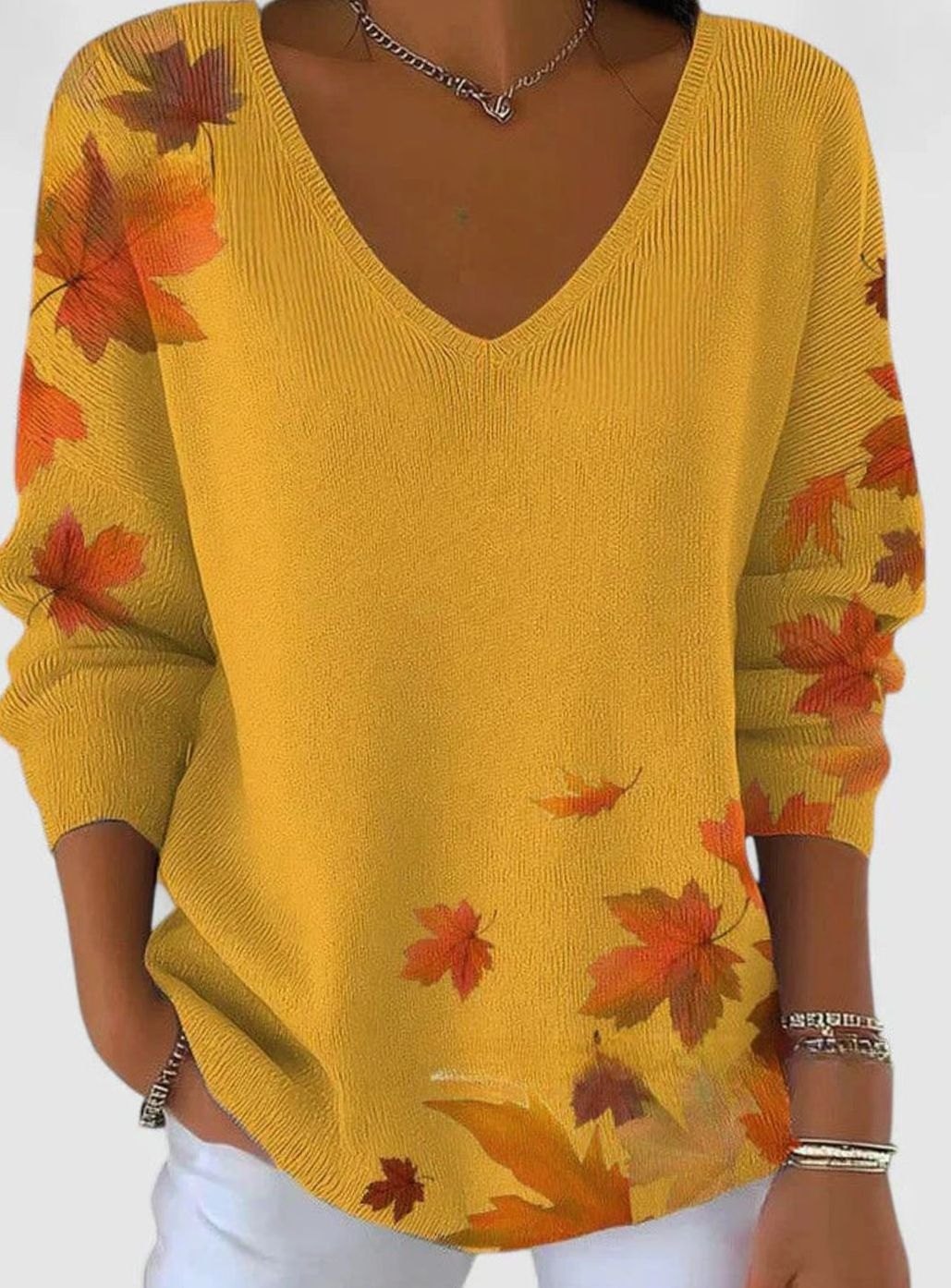 Women's Autumn Maple Leaf Print V-Neck Long Sleeve Sweater