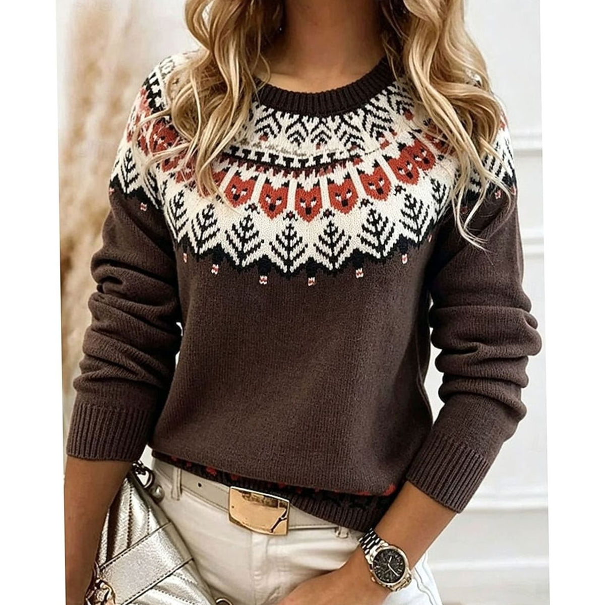 Women's Aztec Patterned Crew-Neck Knit Sweater