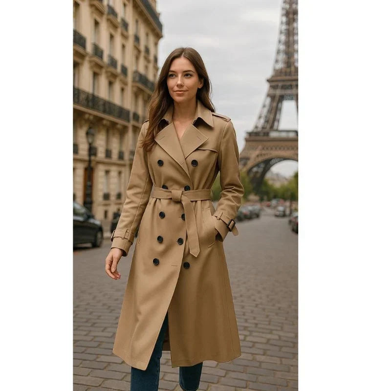 Trench-coat pour femme à double boutonnage, ceinturé et à revers crantés