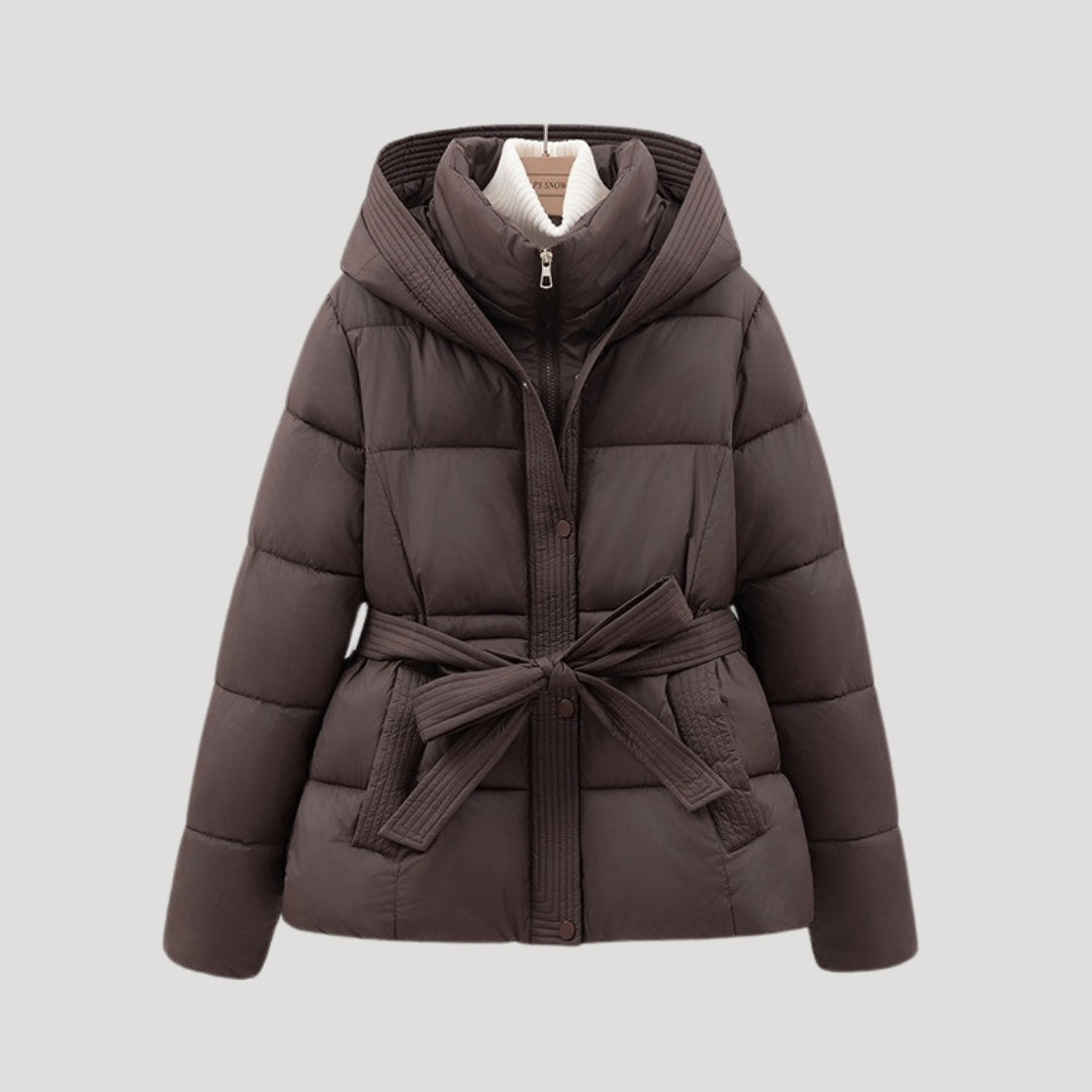 Women's Belted Quilted Jacket with Hood, High Collar, and Pockets