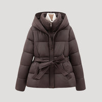 Women's Belted Quilted Jacket with Hood, High Collar, and Pockets