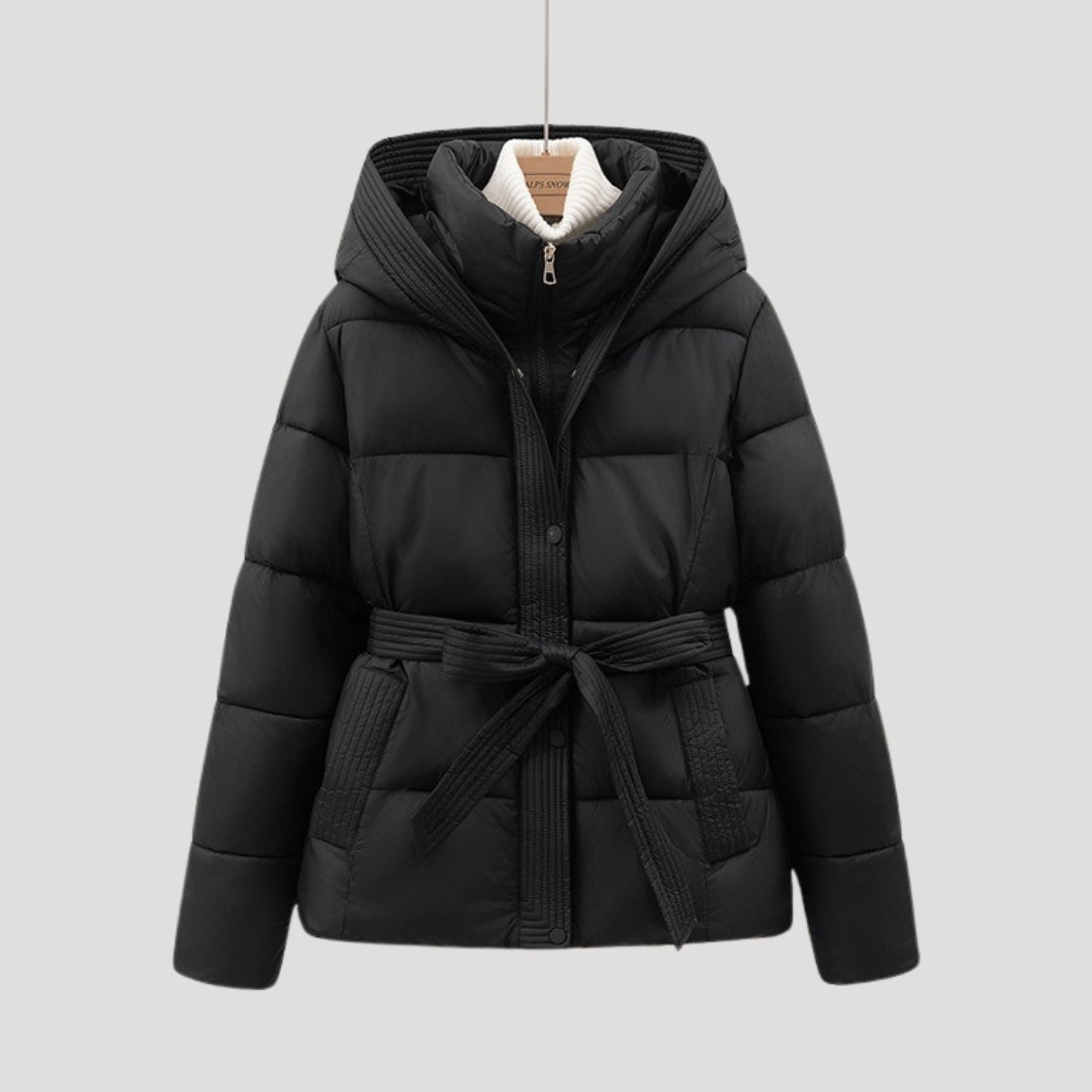 Women's Belted Quilted Jacket with Hood, High Collar, and Pockets