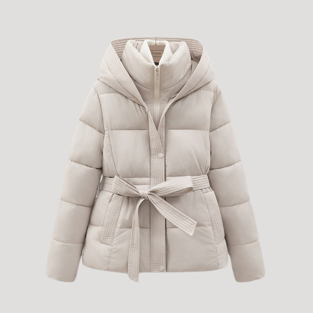 Women's Belted Quilted Jacket with Hood, High Collar, and Pockets