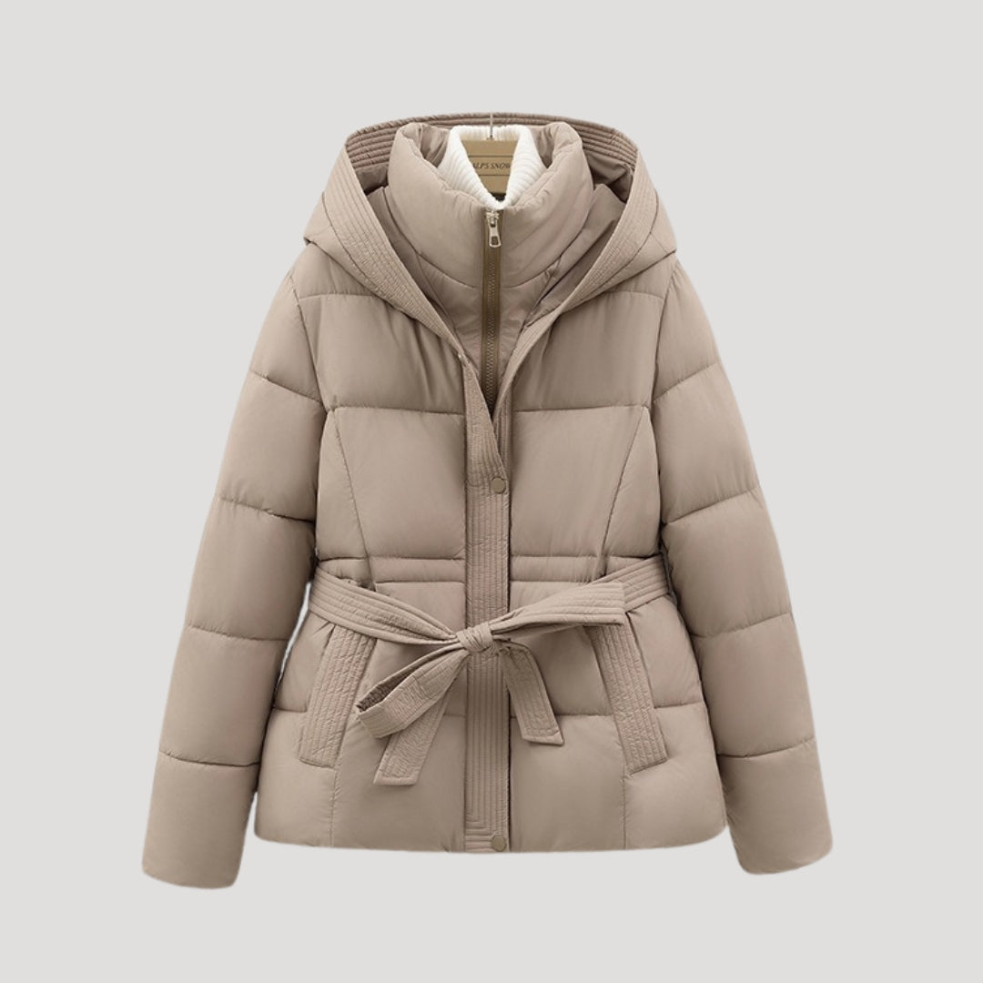 Women's Belted Quilted Jacket with Hood, High Collar, and Pockets