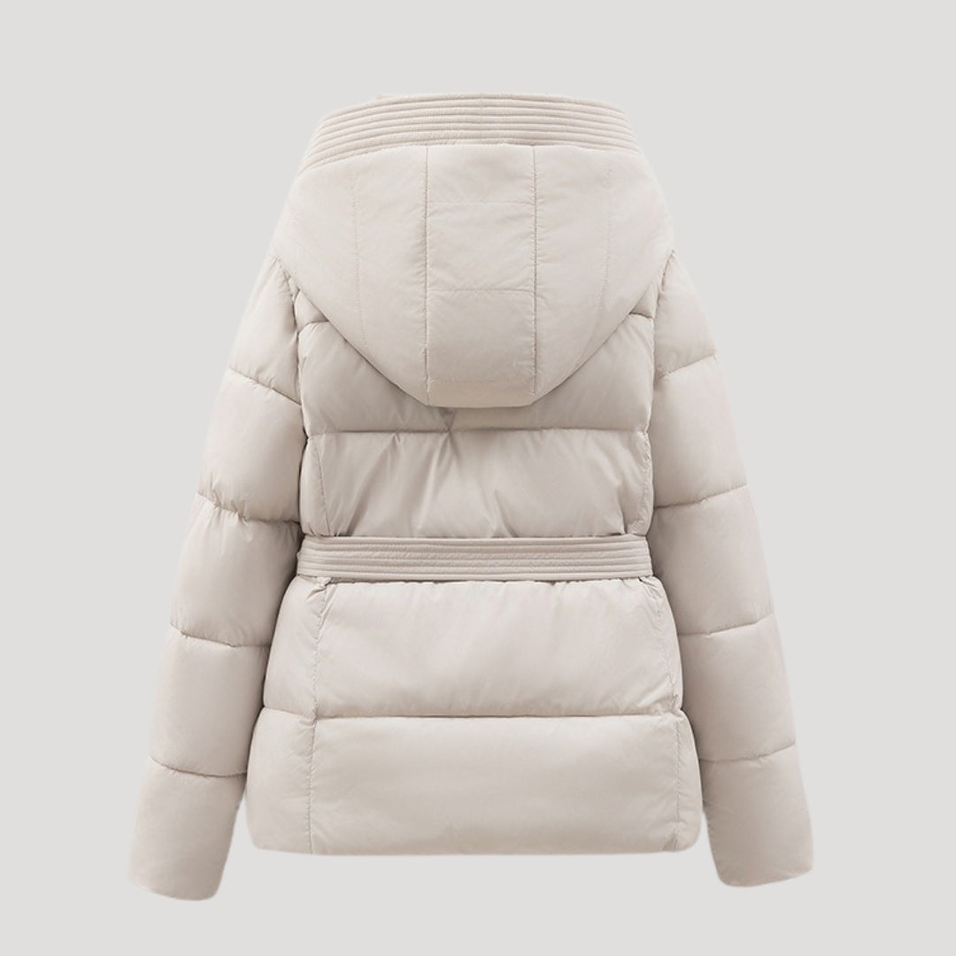 Women's Belted Quilted Jacket with Hood, High Collar, and Pockets