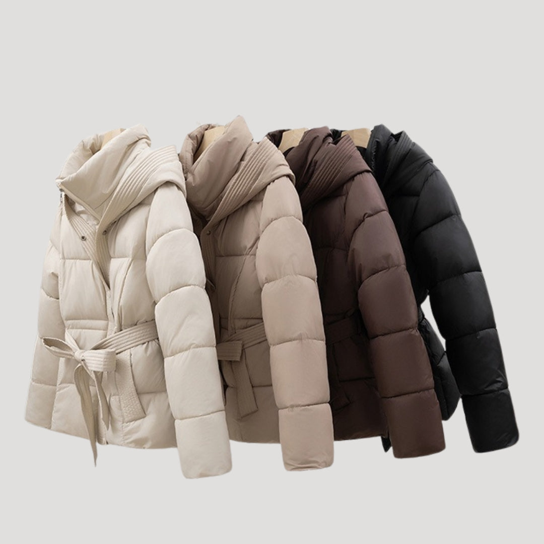 Women's Belted Quilted Jacket with Hood, High Collar, and Pockets