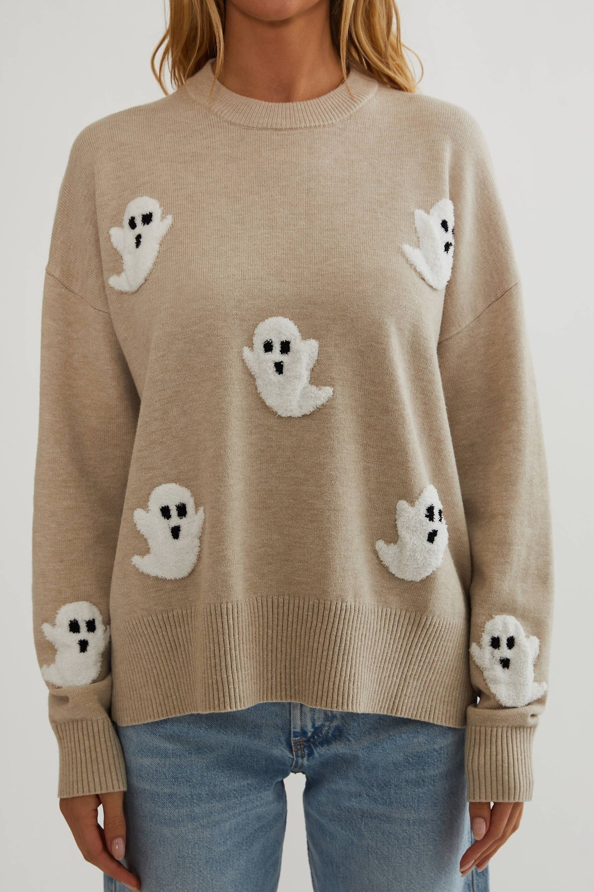 Women's Ghost Appliqué Knit Sweater - Cozy Long-Sleeve Sweater