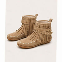 Women's Boho Fringe Moccasin Flat Ankle Boots with Buckle Strap
