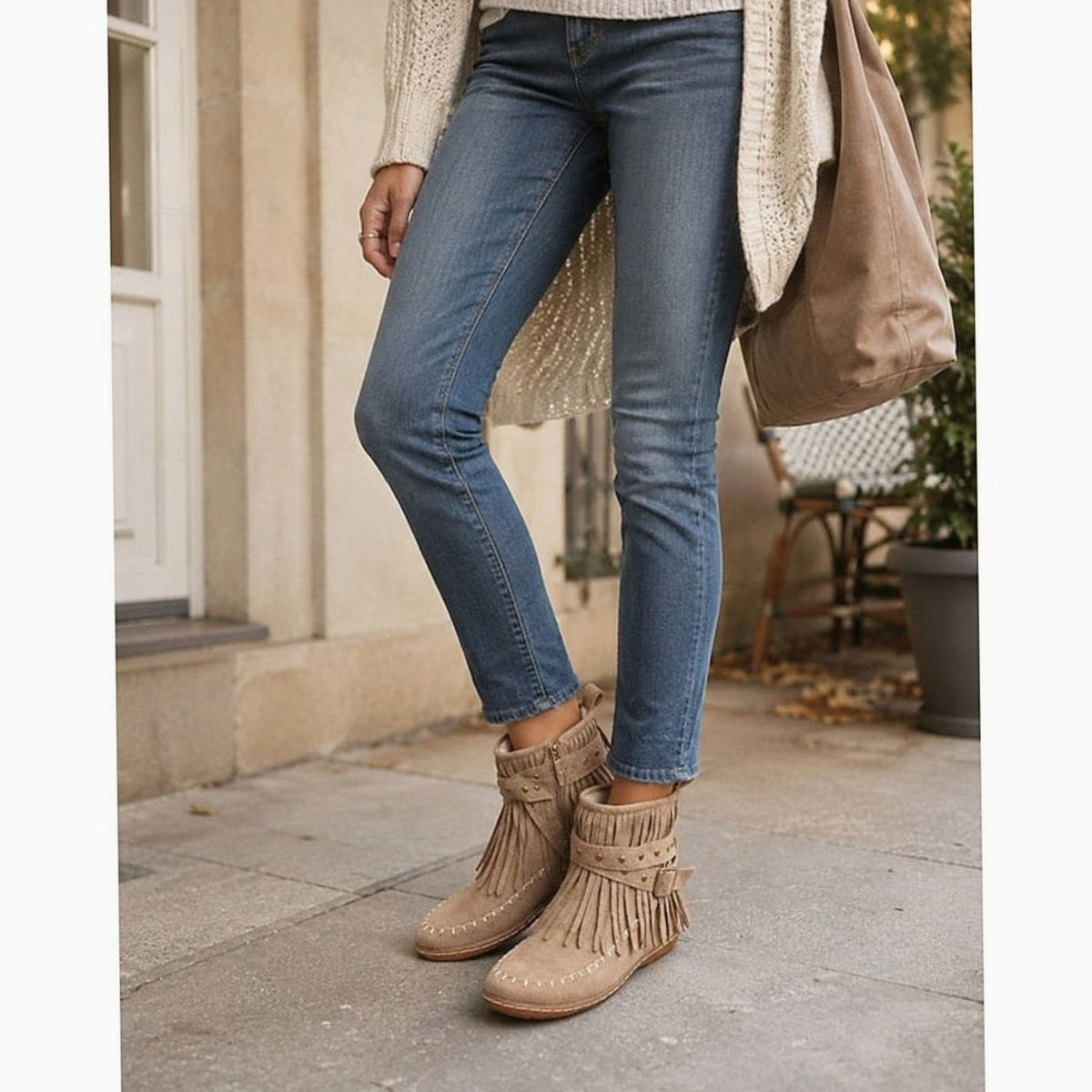 Women's Boho Fringe Moccasin Flat Ankle Boots with Buckle Strap