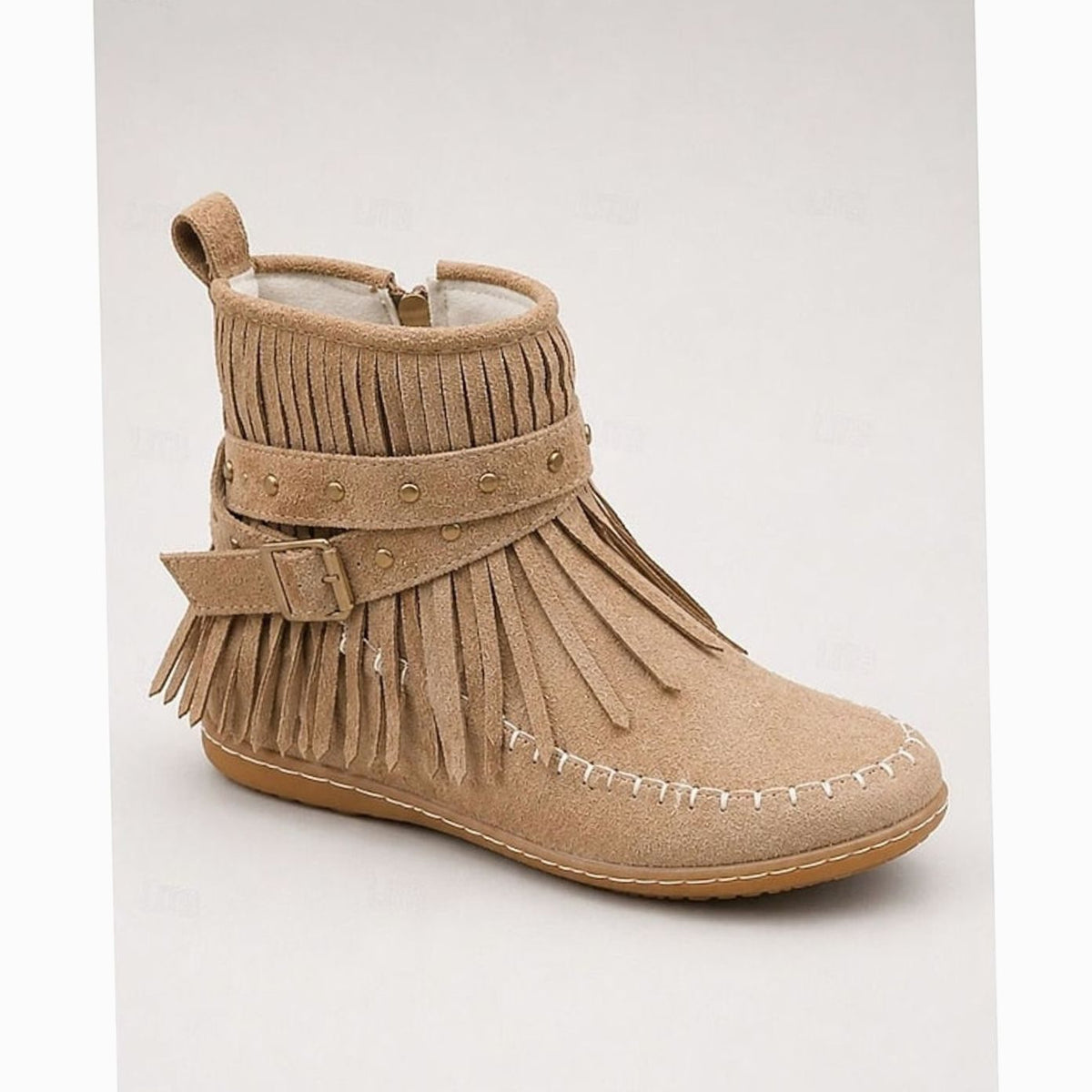 Women's Boho Fringe Moccasin Flat Ankle Boots with Buckle Strap