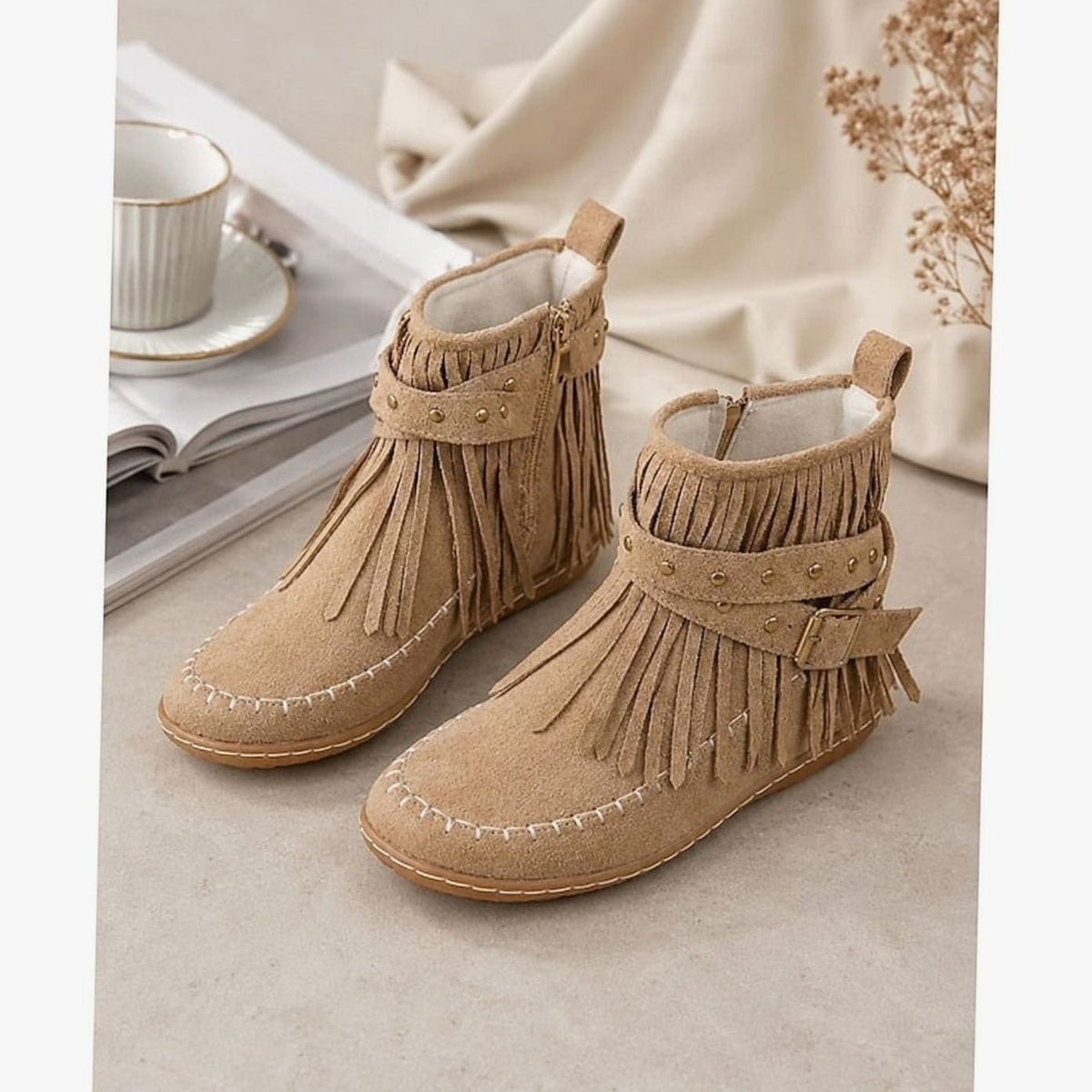 Women's Boho Fringe Moccasin Flat Ankle Boots with Buckle Strap
