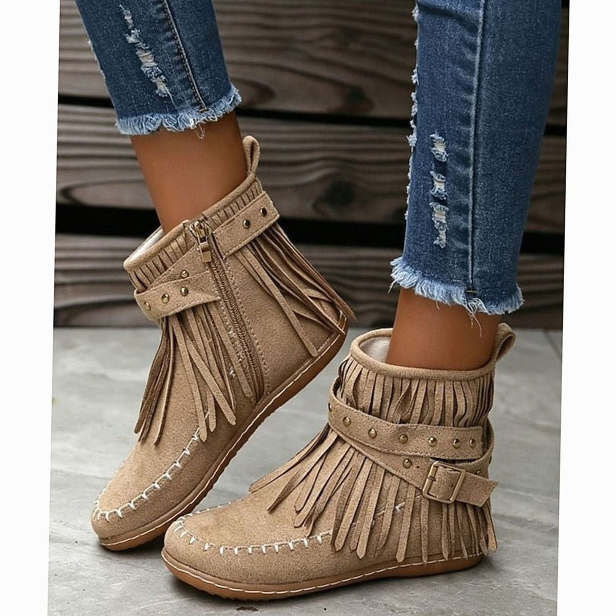 Women's Boho Fringe Moccasin Flat Ankle Boots with Buckle Strap