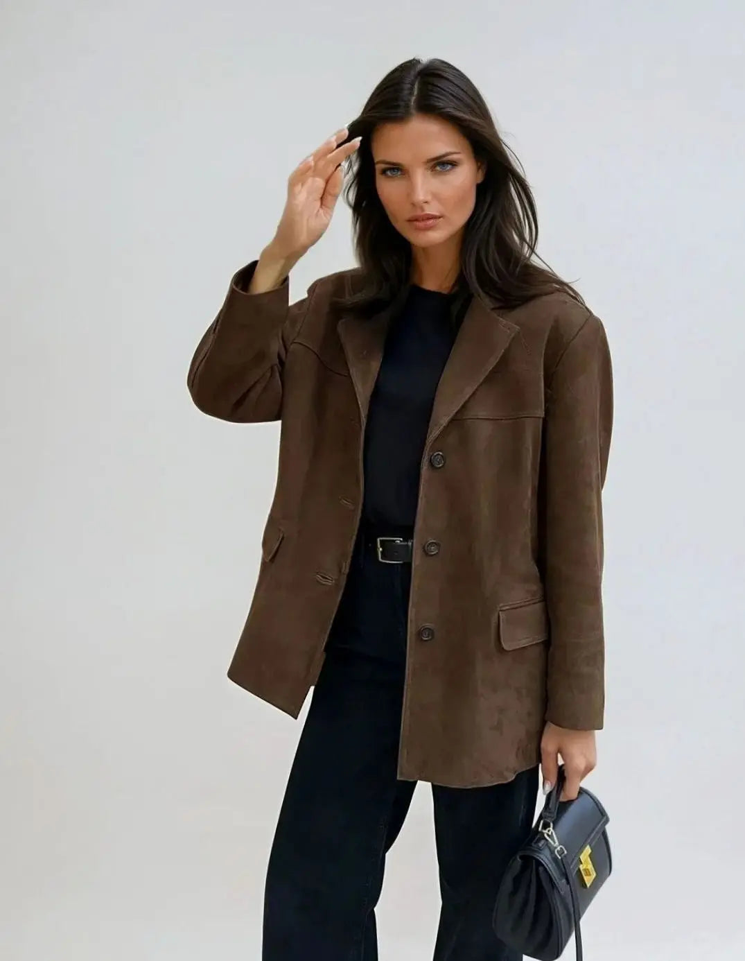 Women's Brown Suede Button-Up Blazer Coat with Pockets
