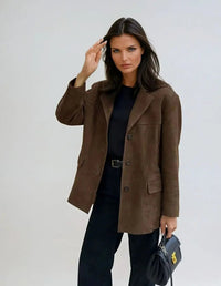 Women's Brown Suede Button-Up Blazer Coat with Pockets