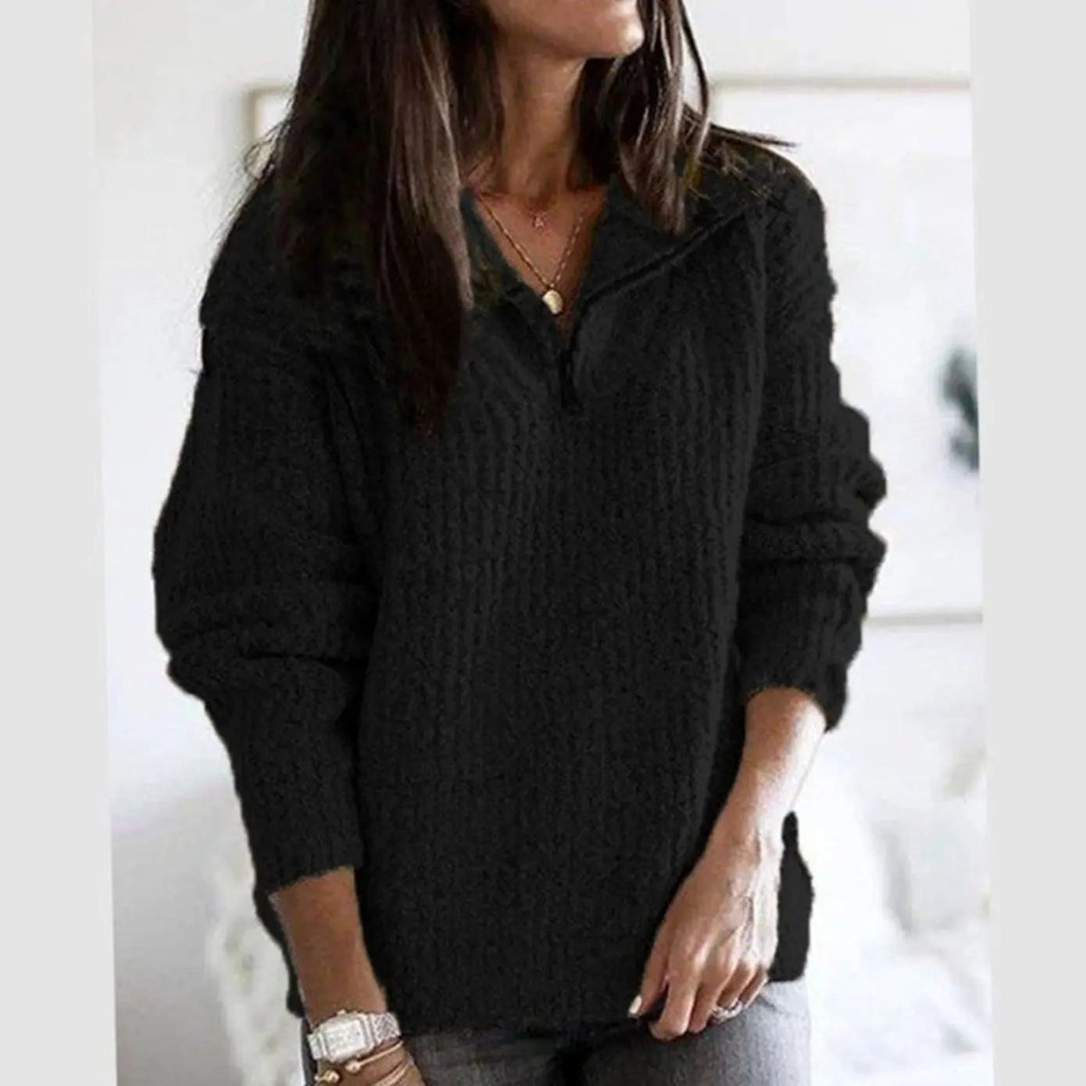Women's Cable Knit Quarter-Zip Ribbed Pullover Sweater