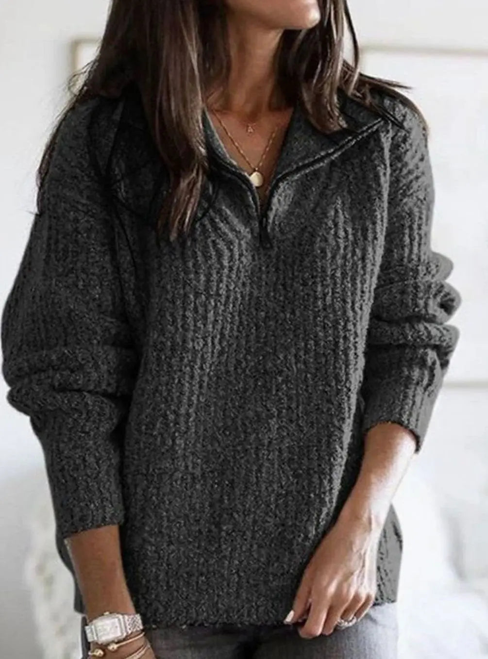 Women's Cable Knit Quarter-Zip Ribbed Pullover Sweater
