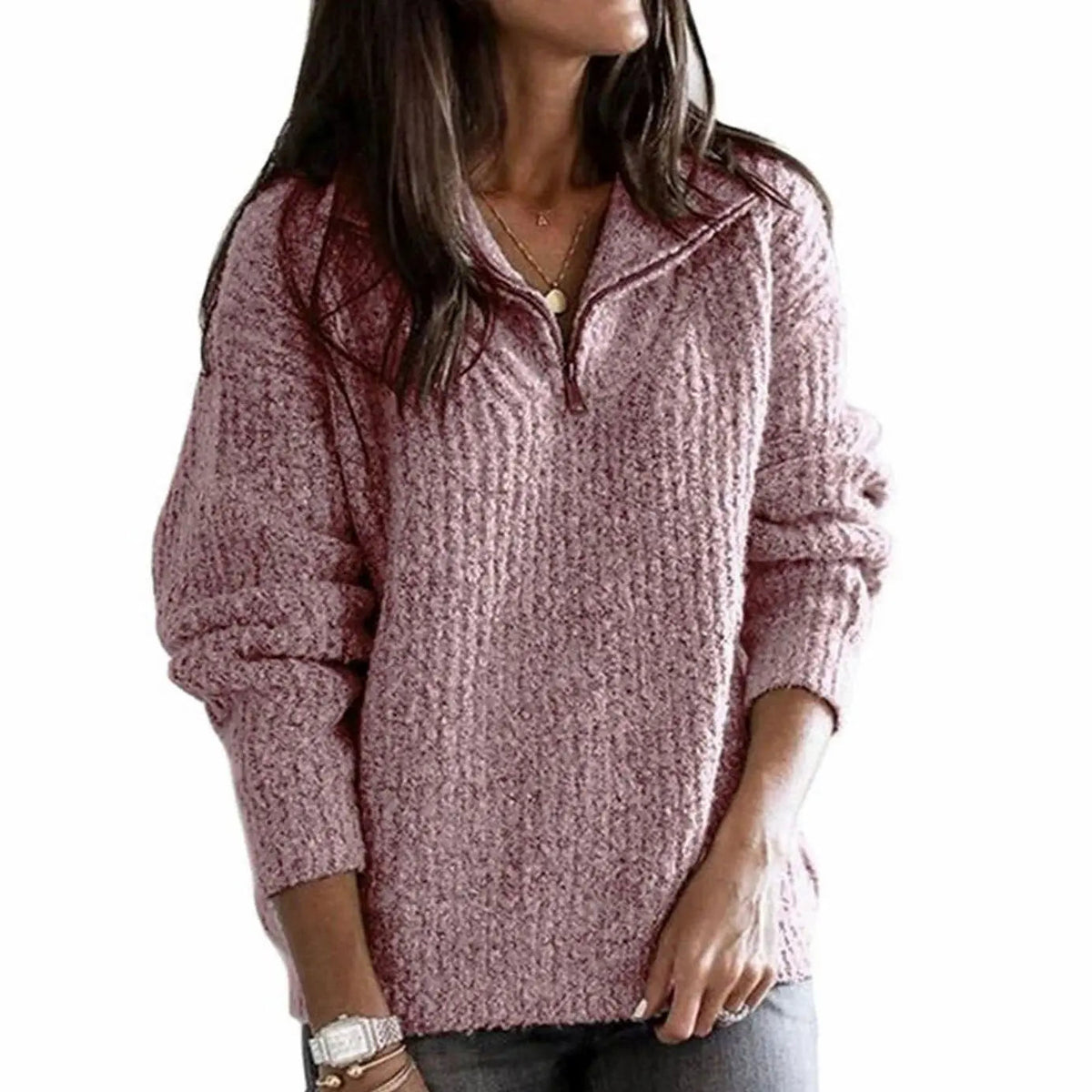 Women's Cable Knit Quarter-Zip Ribbed Pullover Sweater