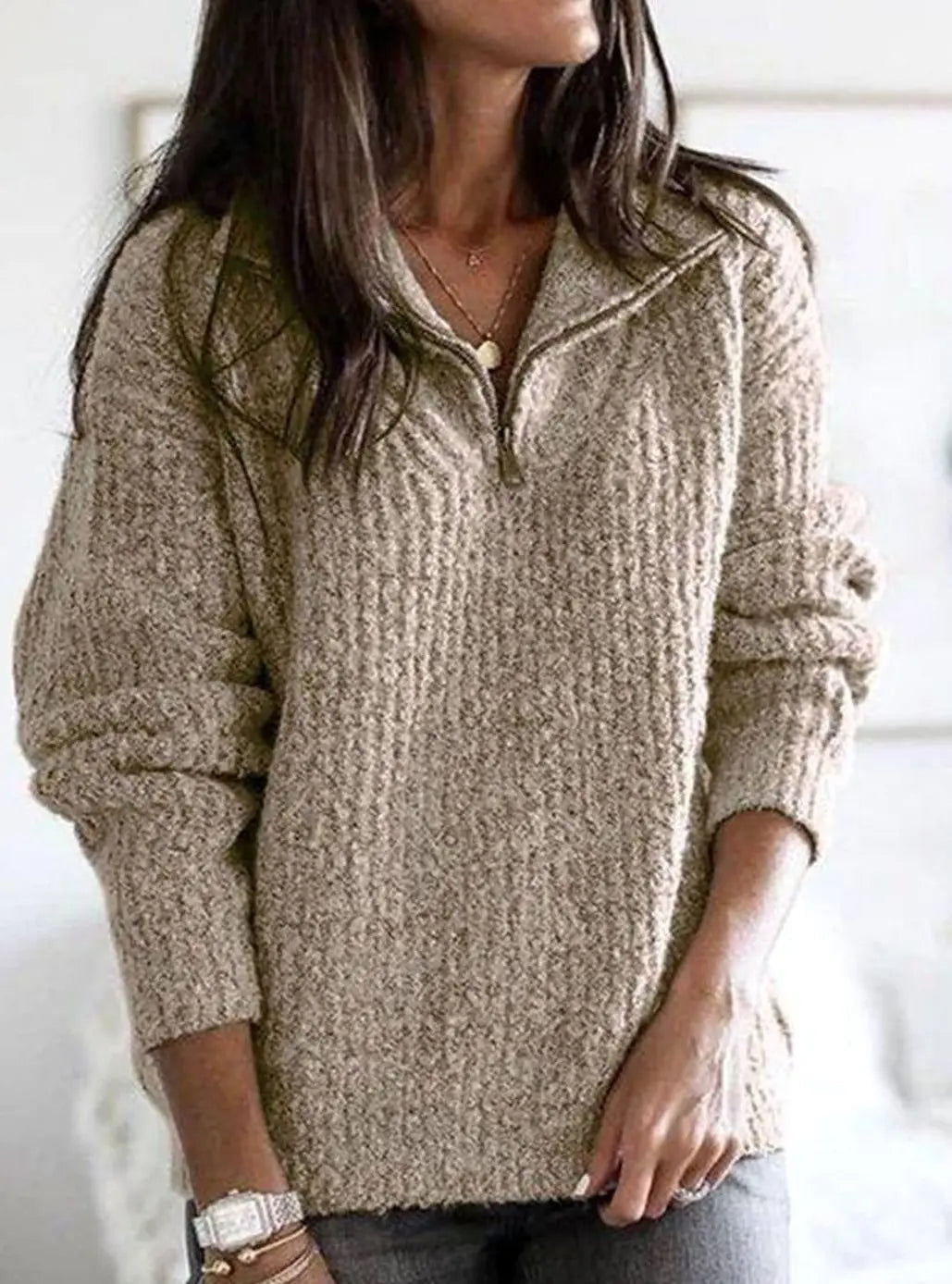 Women's Cable Knit Quarter-Zip Ribbed Pullover Sweater