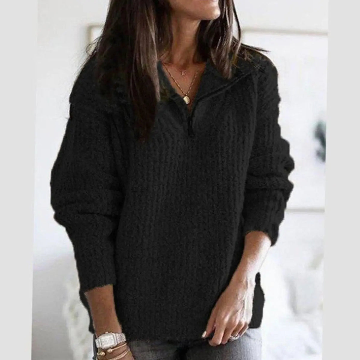 Women's Cable Knit Quarter-Zip Ribbed Pullover Sweater